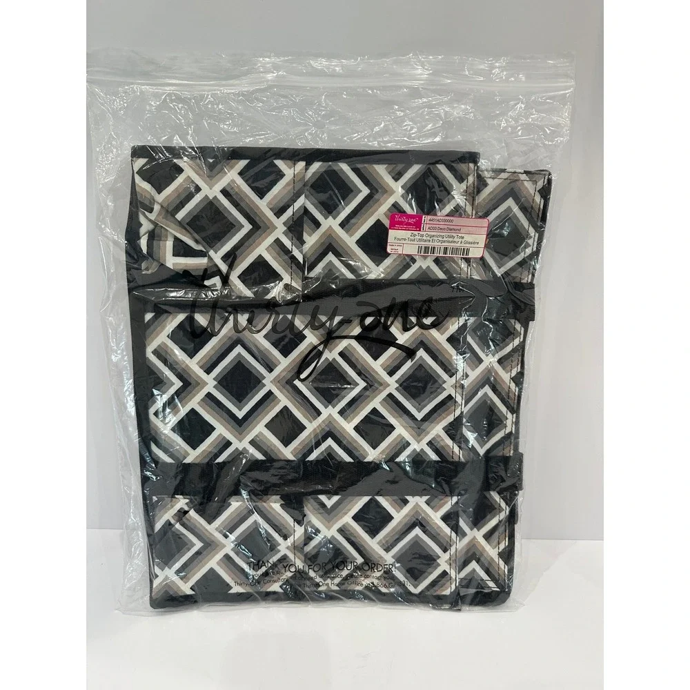 Thirty-One Zip-Top Organizing Utility Tote Deco Diamond Bag 4451 AD33 Black Tan
